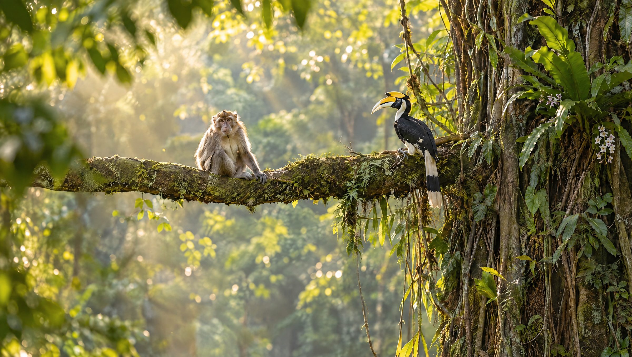 Long-tailed macaque and a hornbill on a mossy branch inside the rainforest canopy