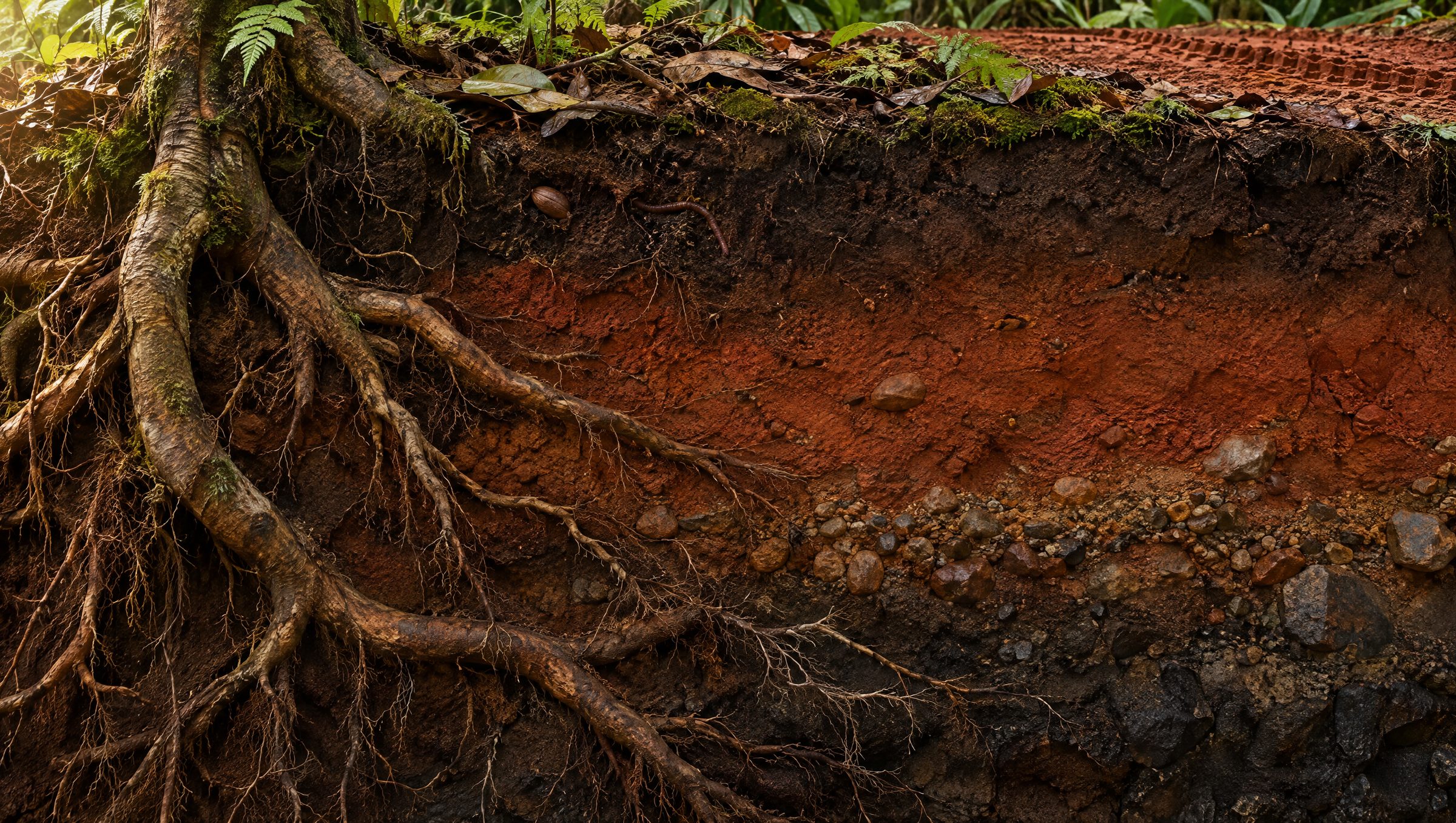 Cut-away of the soil under the jungle trail with tree roots